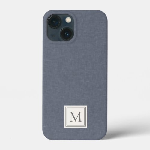 Elegant Minimalist Blue Gray Faux Linen Monogram iPhone 13 Mini Case