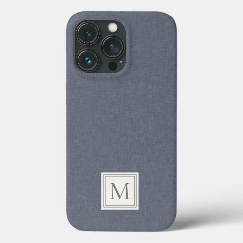 Elegant Minimalist Blue Gray Faux Linen Monogram iPhone 13 Pro Case