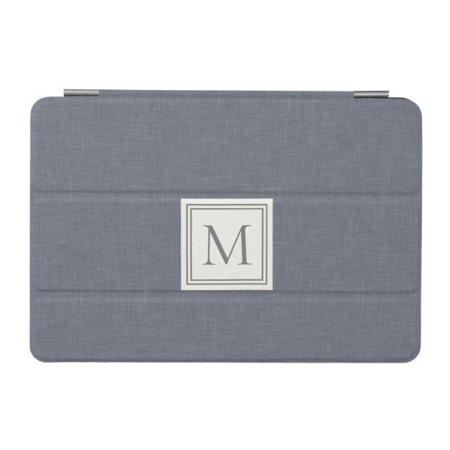 Elegant Minimalist Blue Gray Faux Linen Monogram iPad Mini Cover (Horizontal)