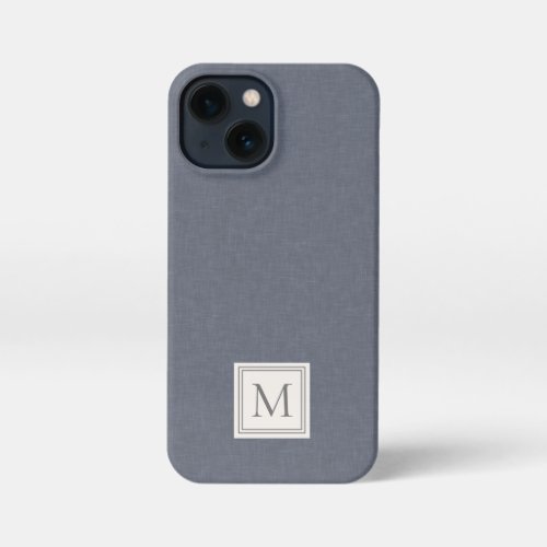 Elegant Minimalist Blue Gray Faux Linen Monogram iPhone 13 Mini Case