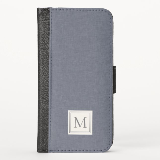 Elegant Minimalist Blue Gray Faux Linen Monogram iPhone Wallet Case (Front)