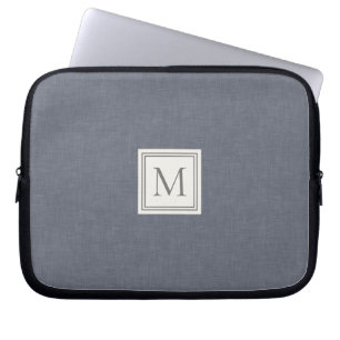 Elegant Minimalist Blue Gray Faux Linen Monogram Laptop Sleeve