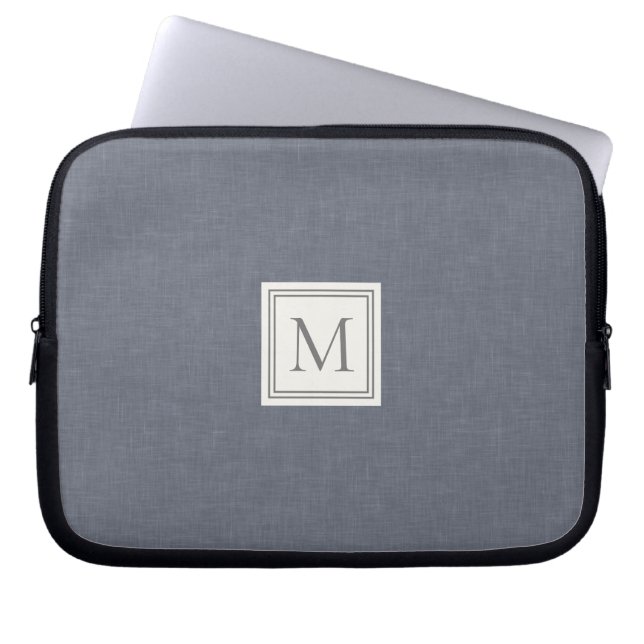 Elegant Minimalist Blue Gray Faux Linen Monogram Laptop Sleeve (Front)