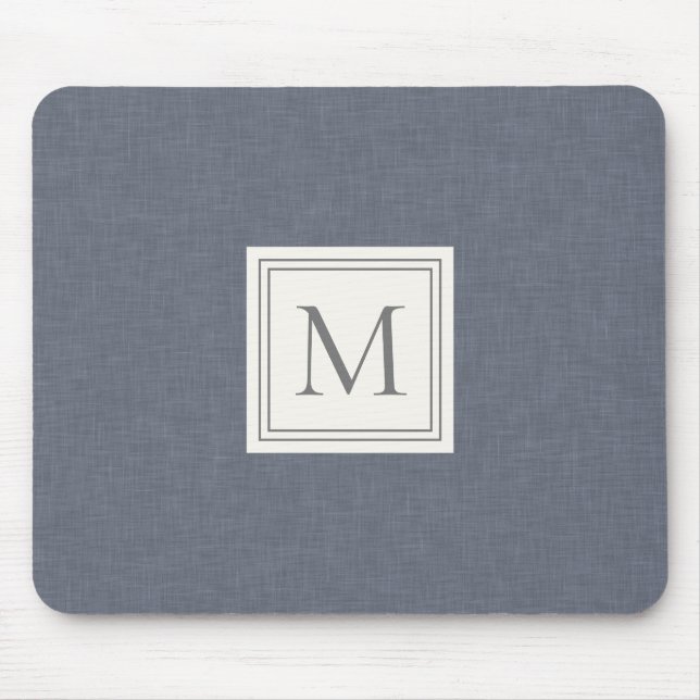 Elegant Minimalist Blue Gray Faux Linen Monogram Mouse Pad (Front)
