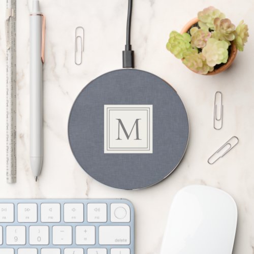 Elegant Minimalist Blue Gray Faux Linen Monogram Wireless Charger