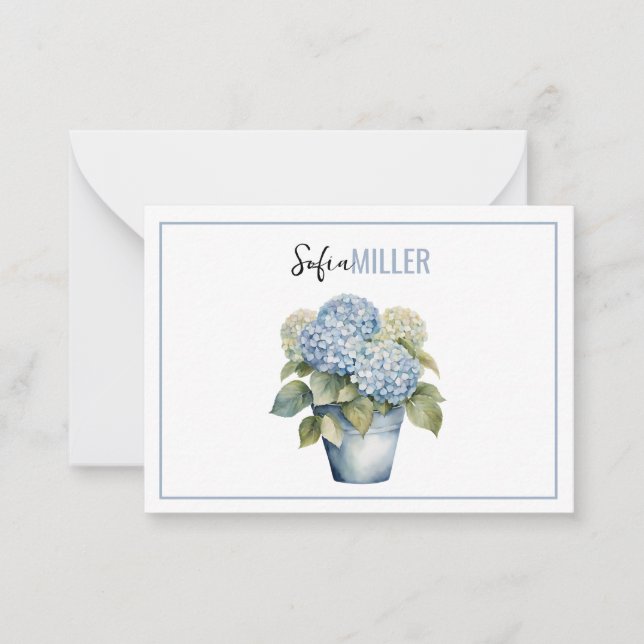 Elegant Minimalist Blue Hydrangea Wedding Note Card (Front)