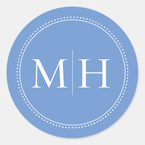 Elegant Minimalist Blue Monogram Dotted Border Classic Round Sticker