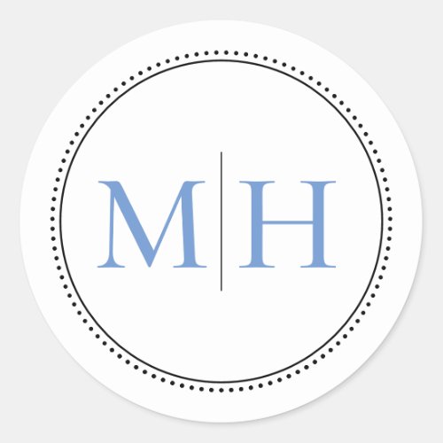 Elegant Minimalist Blue Monogram Dotted Border Classic Round Sticker