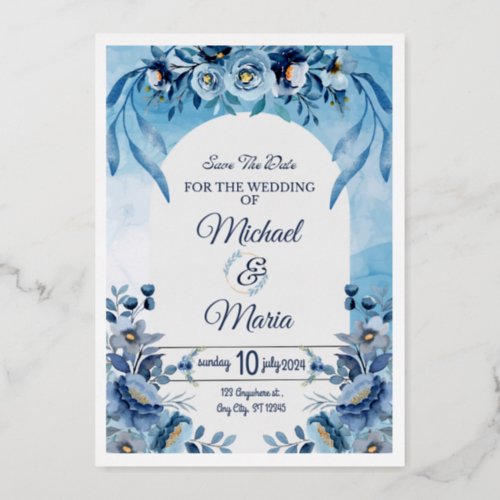 Elegant minimalist blue wedding invitation foil invitation
