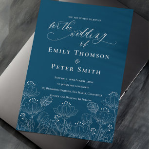 Elegant Minimalist Blue White Line Floral Wedding Invitation