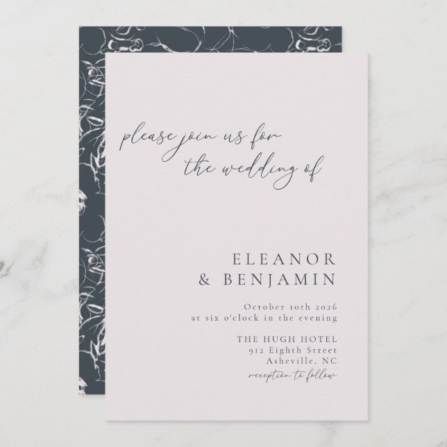 Elegant Minimalist Blush Gray Botanical Wedding Invitation (Front/Back)