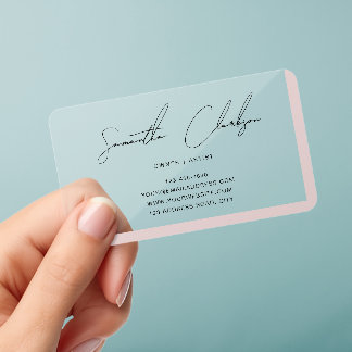 Elegant Minimalist Blush Pink Handwritten Script Clear Business Cards