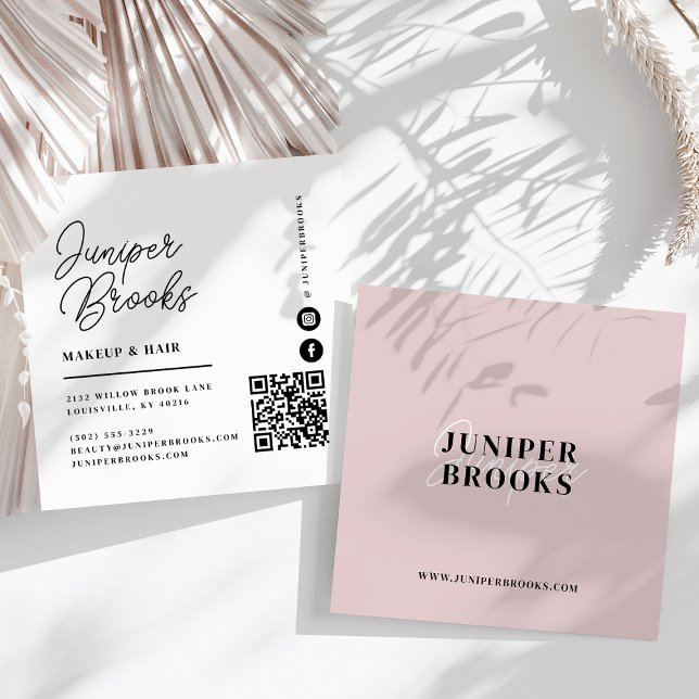 Elegant Minimalist Blush Pink QR Code Square Business Card (Creator Uploaded)
