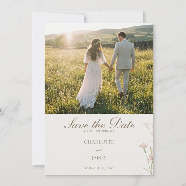 Elegant Minimalist Blush Pink Wildflower Wedding Save The Date (Front)