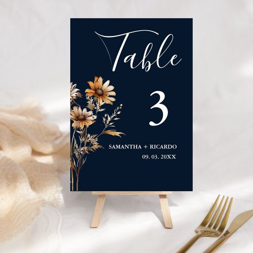 Elegant  Minimalist Boho Blue  Wildflower Wedding  Table Number
