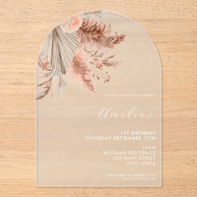 Elegant Minimalist Boho Floral 1st Birthday Acrylic Invitations (Front)