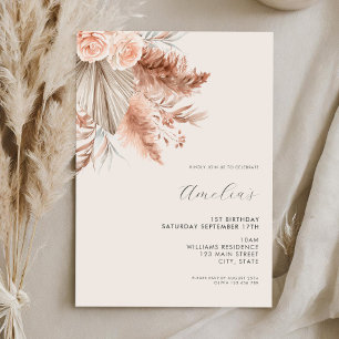 Elegant Minimalist Boho Floral 1st Birthday Invitation