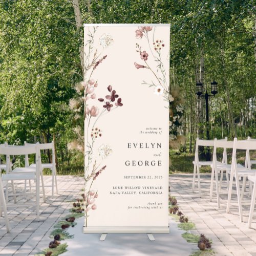 Elegant Minimalist Boho Floral Wedding Welcome Retractable Banner