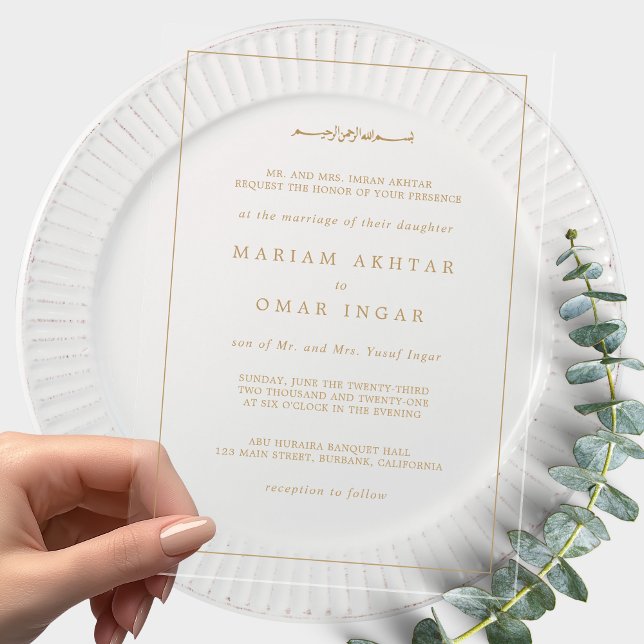 Elegant Minimalist Border Gold Muslim Wedding Acrylic Invitations (Creator Uploaded)