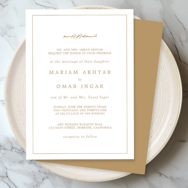 Elegant Minimalist Border Gold Muslim Wedding Invitation (Creator Uploaded)