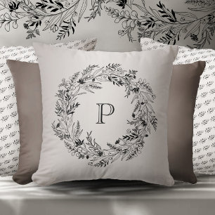 Elegant minimalist botanical wreath letter P Throw Pillow