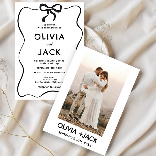 Elegant Minimalist Bow Hand Drawing Photo Wedding Invitation (Creator Uploaded)