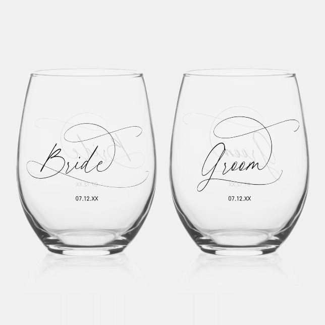 Elegant Minimalist Bride and Groom Stemless Wine Glass (Back)