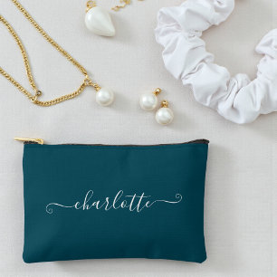 Elegant Minimalist Bridesmaid Name Deep Teal Accessory Pouch