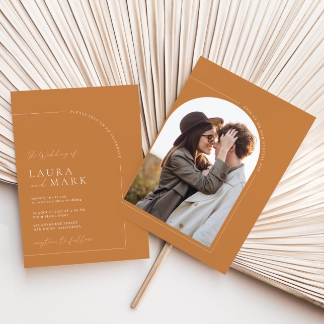 Elegant Minimalist Brunt Orange Arch Photo Wedding Invitation (Creator Uploaded)