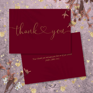 Elegant Minimalist Burgundy And Gold Heart Script Thank You Card