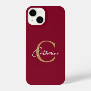 Elegant Minimalist Burgundy and Gold Monogram iPhone 14 Case