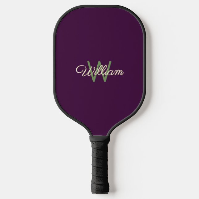 Elegant Minimalist Burgundy Green Monogrammed Carbon Fiber Pickleball Paddle (Front)