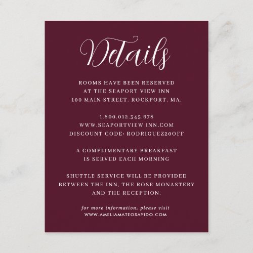 Elegant Minimalist Burgundy Red Wedding Details Enclosure Card