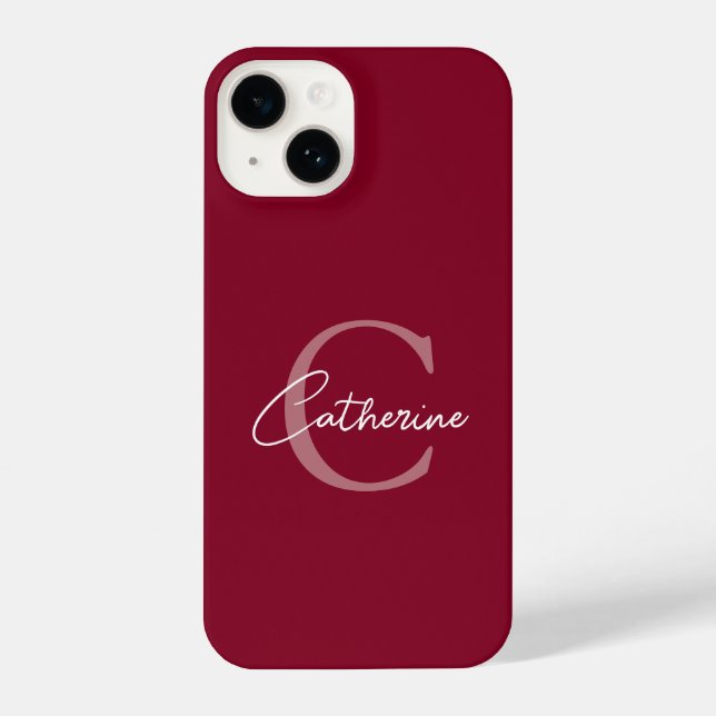Elegant Minimalist Burgundy Script Monogram iPhone Case (Back)
