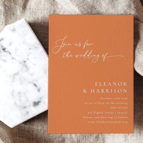 Elegant Minimalist Burnt Orange Script Wedding Invitation