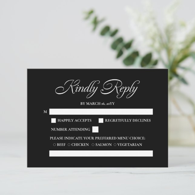Elegant Minimalist Calligraphy Black Wedding RSVP Card (Standing Front)
