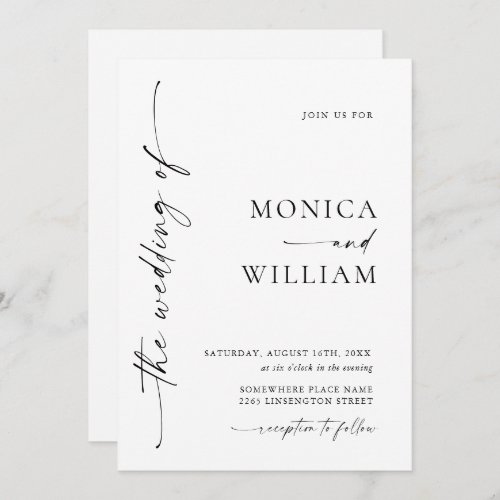 Elegant Minimalist Calligraphy Black White Wedding Invitation