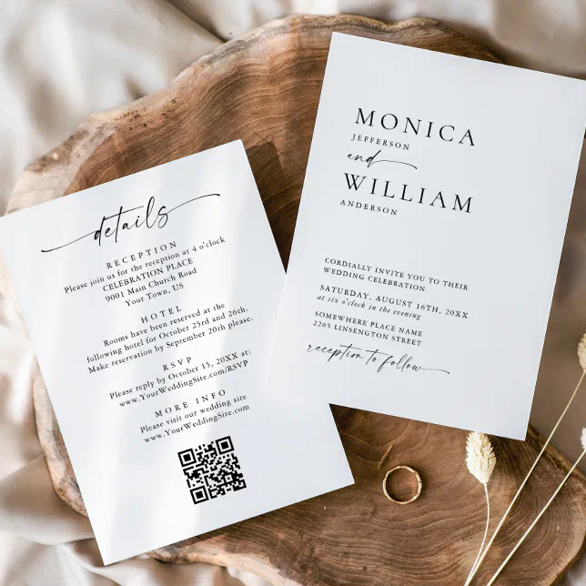 Elegant Minimalist Calligraphy Black White Wedding Invitation | Zazzle