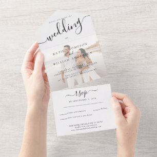 Elegant Minimalist Calligraphy Photo Wedding All In One Invitation