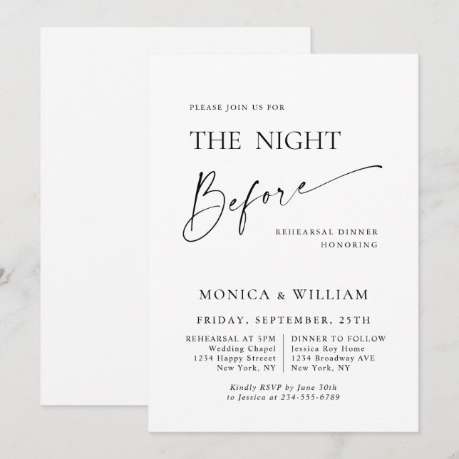 Elegant Minimalist Calligraphy Rehearsal Dinner Invitation (Front/Back)