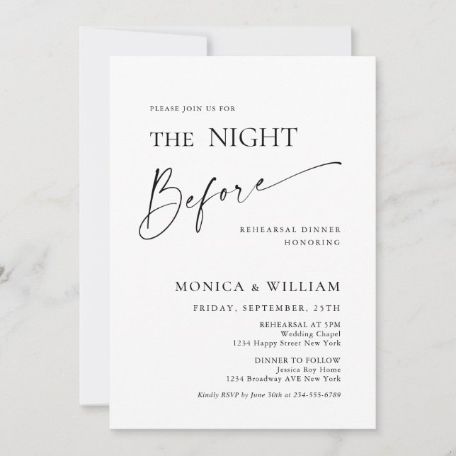 Elegant Minimalist Calligraphy Rehearsal Dinner Invitation (Front)