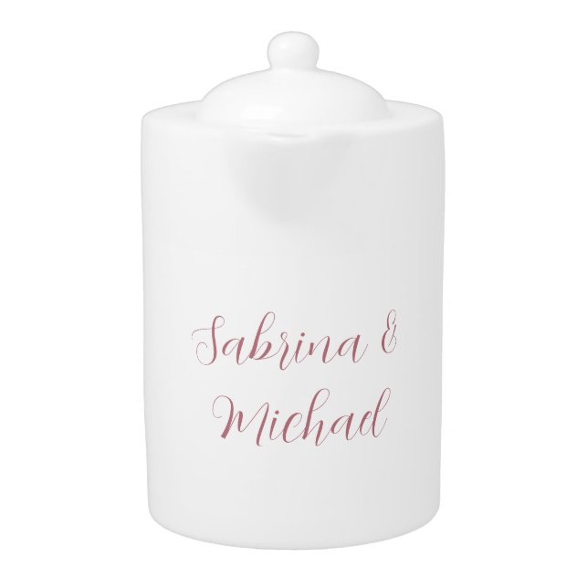 Elegant Minimalist Calligraphy Rose Gold White Teapot (Front)