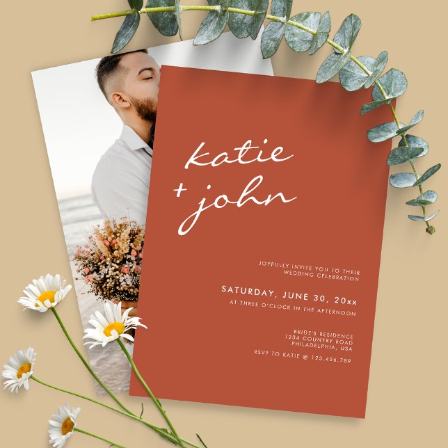 Elegant Minimalist Calligraphy Terracotta Wedding Invitation (Creator Uploaded)