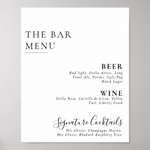 Elegant Minimalist Calligraphy Wedding Bar Menu Poster