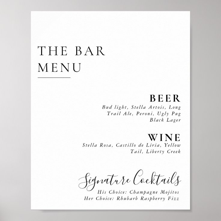 Elegant Minimalist Calligraphy Wedding Bar Menu Poster | Zazzle