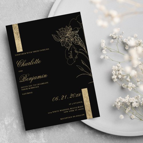 Elegant minimalist chic black gold floral wedding  invitation