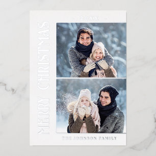 Elegant Minimalist Christmas 2 Photo Silver Foil Holiday Card
