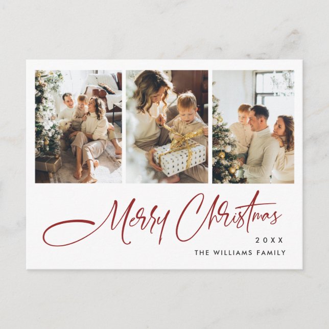 Elegant Minimalist Christmas 3 Photo Greeting Postcard (Front)