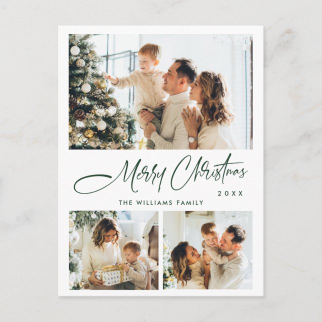 Elegant Minimalist Christmas 3 Photo Greeting Postcard (Front)