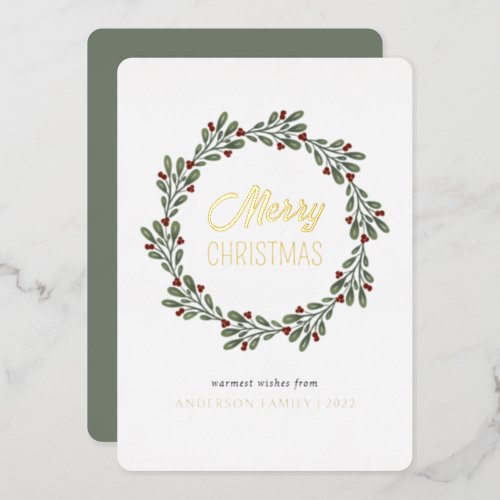 Elegant Minimalist Christmas Cherry Sage Wreath  Foil Holiday Card